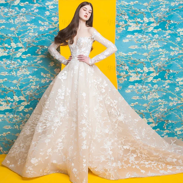 Stunning Beach Wedding Dresses 2017 A-Line / Princess Scoop Neck Long  Sleeve Zipper Up Champagne Pierced