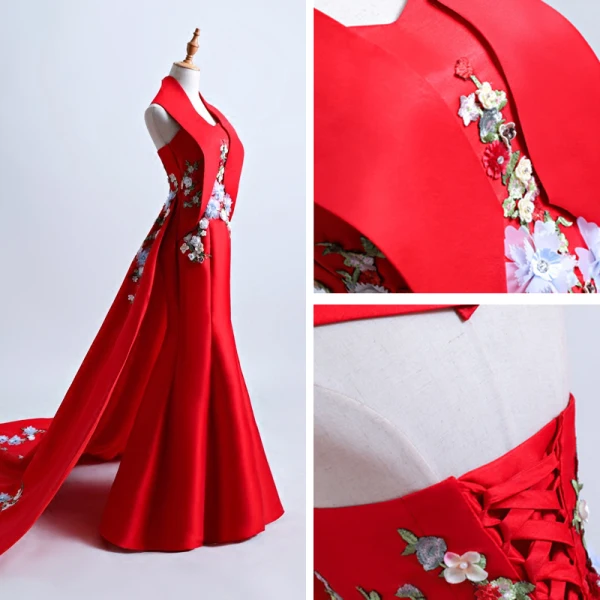 Chinese style Red Chapel Train Evening Dresses 2018 Trumpet / Mermaid Charmeuse Appliques Backless Halter Evening Party Formal Dresses