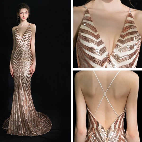 Modern / Fashion Champagne Court Train Evening Dresses 2018 V-Neck Trumpet / Mermaid Zipper Up Backless Beading Sequins Polyester Evening Party Formal Dresses