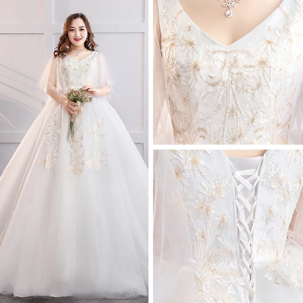 Schöne Weiß Übergröße Brautkleider / Hochzeitskleider 2019 A Linie Tülle Spitze V-Ausschnitt Applikationen Rückenfreies Kapelle-Schleppe Hochzeit