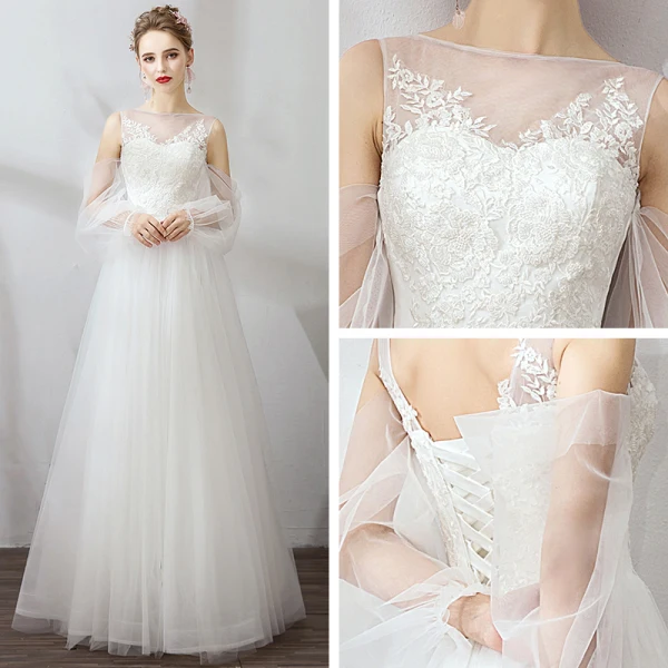 Modest / Simple White Evening Dresses 2019 A-Line / Princess Lace Tulle U-Neck Long Sleeve Appliques Backless Embroidered Honeymoon Resort Wear Summer Formal Dresses