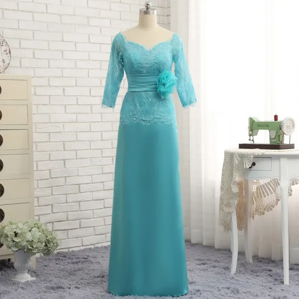 Classic Elegant Jade Green A-Line / Princess Mother Of The Bride Dresses 2019 Floor-Length / Long V-Neck Lace Organza Handmade  Beading Sequins Appliques Backless Church Wedding Party Dresses