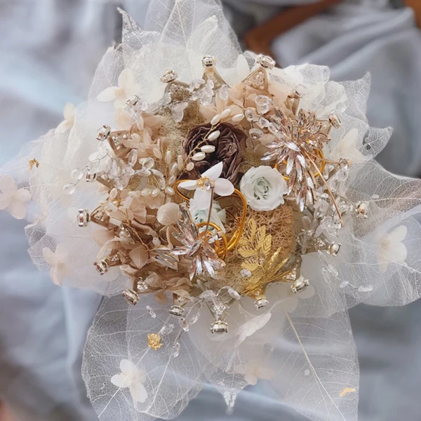 Schöne Weiß Champagner Brautstrauß 2020 Metall Flechten Applikationen Perlenstickerei Strass Handgefertigt Hochzeit Brautaccessoires