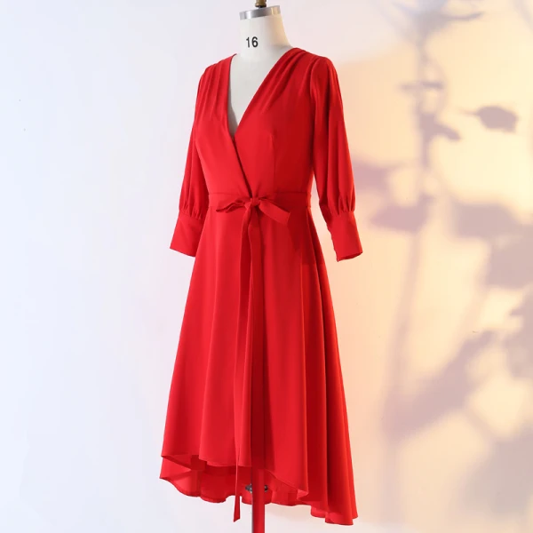 Klassisch Elegante Rot Übergröße Abendkleider 2020 A Linie V-Ausschnitt Chiffon Einfarbig Schaltflächen Lange Ärmel Knielang Kurze Abend Festliche Kleider