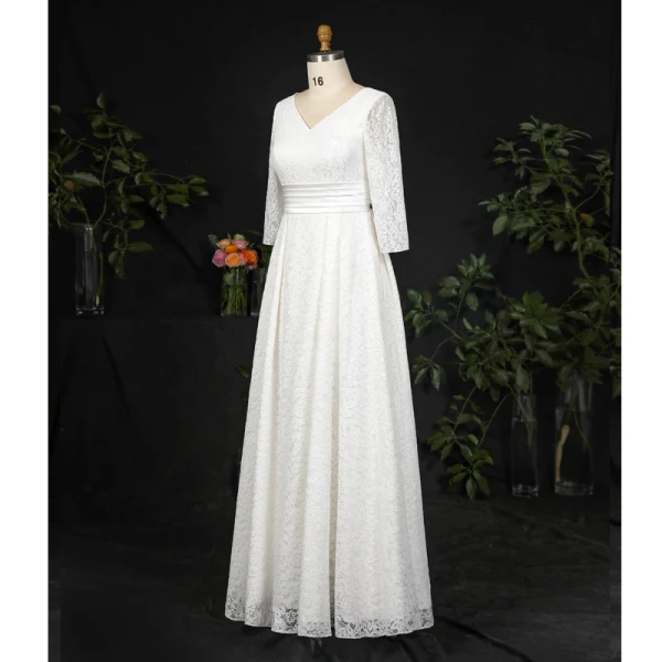 Classic Elegant Ivory Plus Size Wedding Dresses 2020 A-Line / Princess V-Neck Floor-Length / Long Lace Satin Long Sleeve Checked Embroidered Solid Color Wedding
