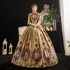 Vintage / Retro Medieval Gold Ball Gown Prom Dresses 2021 1/2 Sleeves High Neck Floor-Length / Long Zipper Up 3D Lace Printing Satin Cosplay Formal Dresses