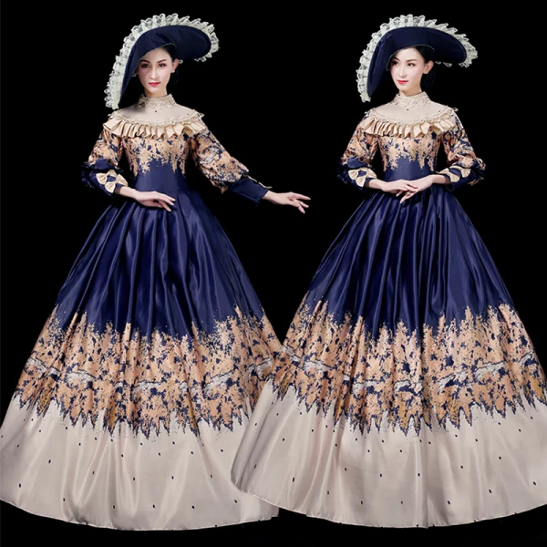 Vintage / Retro Medieval Navy Blue Ball Gown Prom Dresses 2021 Scoop Neck Long Sleeve Floor-Length / Long Lace Satin Printing Prom Formal Dresses