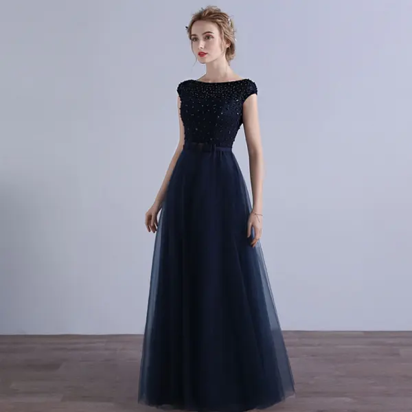 Affordable Bridesmaid Dresses 2017 A-Line / Princess Short Sleeve Backless Pearl Tulle Sash Floor-Length / Long Wedding Party Dresses
