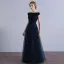 Affordable Bridesmaid Dresses 2017 A-Line / Princess Short Sleeve Backless Pearl Tulle Sash Floor-Length / Long Wedding Party Dresses