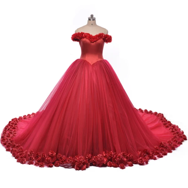 Stunning Candy Pink Flower Wedding Dresses 2017 V-Neck Off-The-Shoulder Ruffle Tulle Ball Gown Prom Dresses Chapel Train
