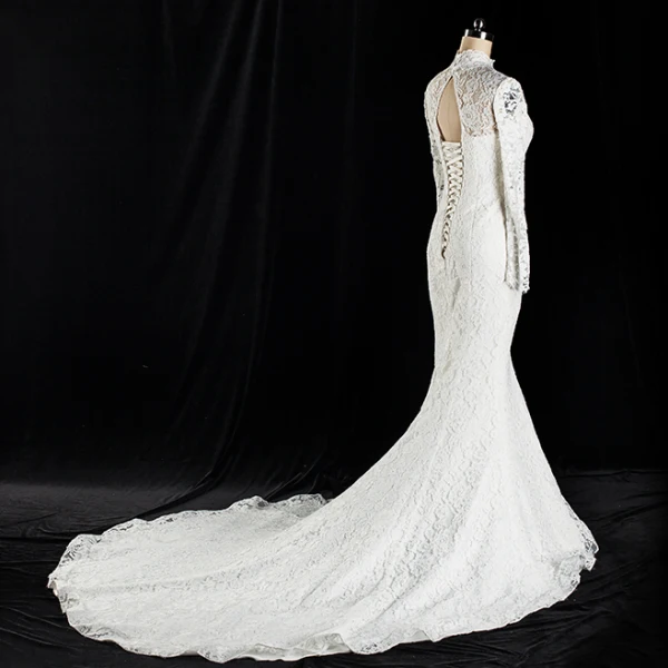 Vintage / Originale Ivoire Dentelle Robe De Mariée 2017 Trompette / Sirène Col Haut Manches Longues Dos Nu Laçage Tribunal Train