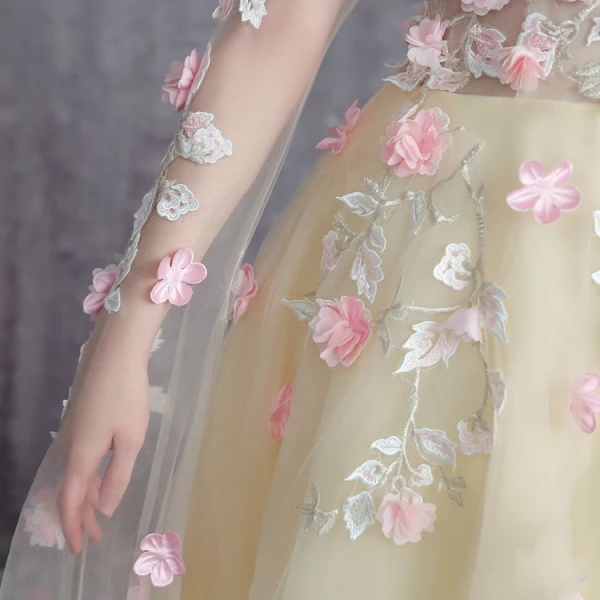 Flower Fairy Yellow Prom Dresses 2017 A-Line / Princess Scoop Neck Long Sleeve Appliques Flower Ruffle Tulle Royal Train Formal Dresses