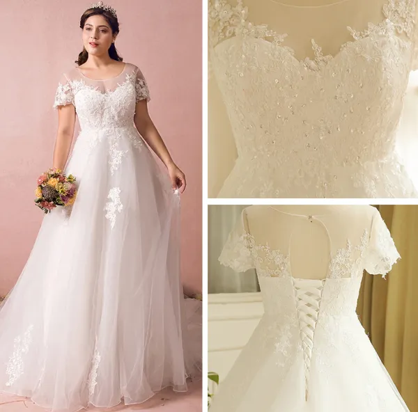 Luxe Ivoire Grande Taille Robe De Mariee 2018 Princesse Tulle U Cou Lacer Appliques Dos Nu Perlage Paillettes Mariage
