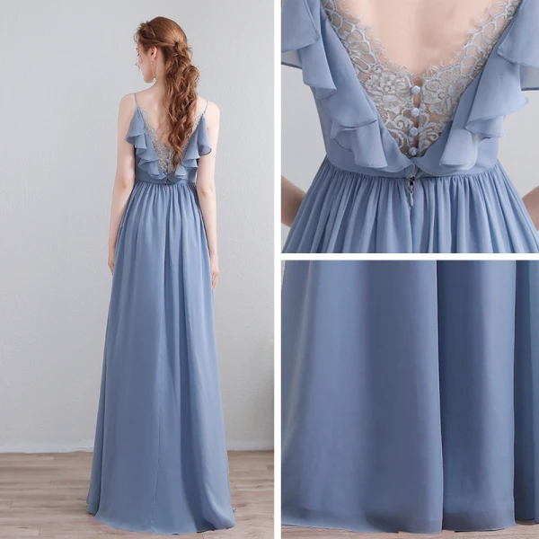 Schlicht Himmelblau Lange Abendkleider 2018 A Linie Chiffon V-Ausschnitt Schnüren Schaltflächen Rückenfreies Abend Festliche Kleider