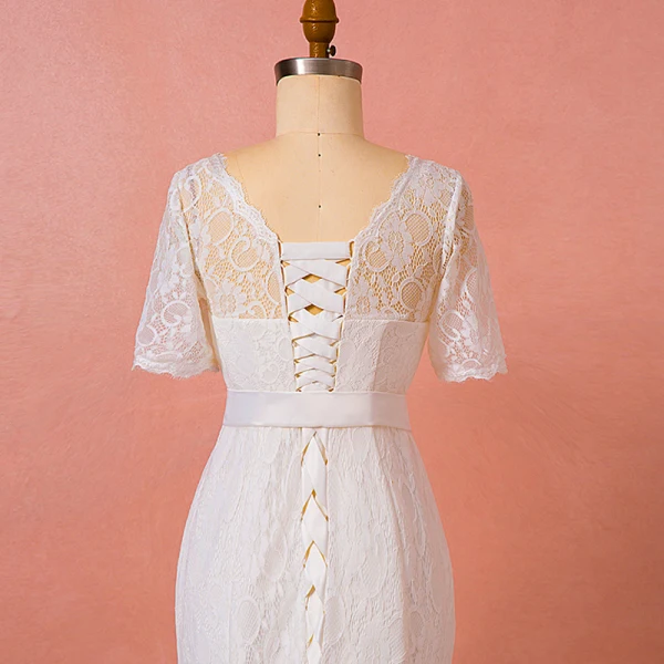 Chic / Beautiful Ivory Plus Size Chapel Train Wedding Dresses 2018 Trumpet / Mermaid V-Neck Tulle 1/2 Sleeves Appliques Pierced Wedding