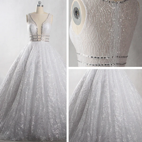 Sparkly Bling Bling White Chapel Train Wedding 2018 U-Neck Tulle Glitter Beading Crystal Sequins Ball Gown Wedding Dresses