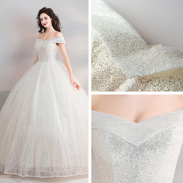 Scintillantes Bling Bling Blanche Longue Mariage 2018 Ciel étoilé Tulle Bustier Dos Nu Perlage Paillettes Robe Boule Robe De Mariée