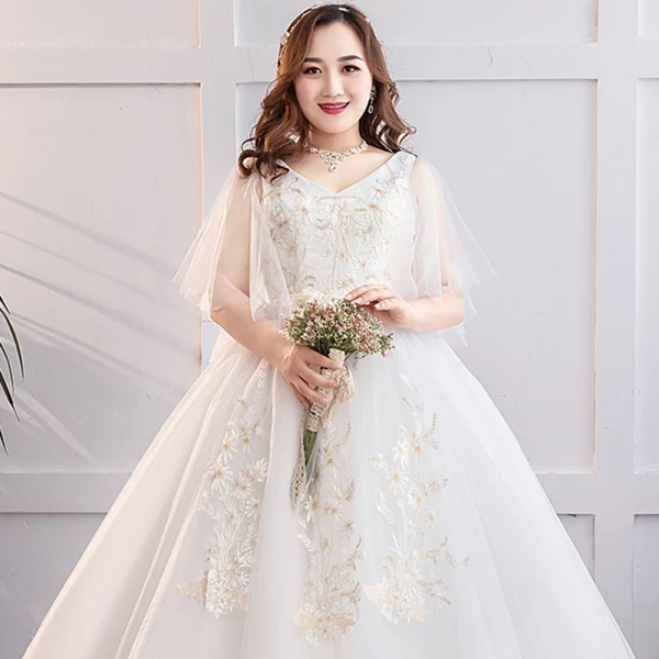 Schöne Weiß Übergröße Brautkleider / Hochzeitskleider 2019 A Linie Tülle Spitze V-Ausschnitt Applikationen Rückenfreies Kapelle-Schleppe Hochzeit