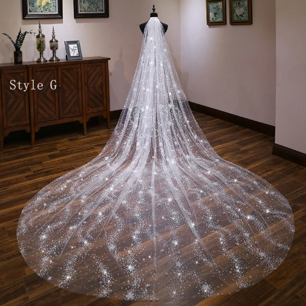 Glitter Bling Bling Witte Tule Glans Kerk Chapel Train Bruidssluier 2019