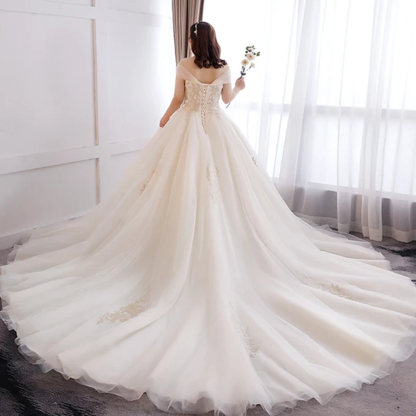 Charmant Sexy Blanche Robe Boule Grande Taille Robe De Mariée 2019 Dentelle Appliques Dos Nu Tulle Bustier Chapel Train Mariage
