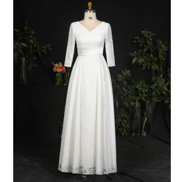 Classic Elegant Ivory Plus Size Wedding Dresses 2020 A Line Princess V Neck Floor Length Long Lace Satin Long Sleeve Checked Embroidered Solid Color Wedding
