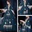 Vintage / Retro Medieval Victorian Style Ink Blue Ball Gown Prom Dresses 2021 Square Neckline Crossed Straps Floor-Length / Long 3/4 Sleeve 3D Lace Flower Pearl Tassel Printing Cosplay Prom Formal Dresses
