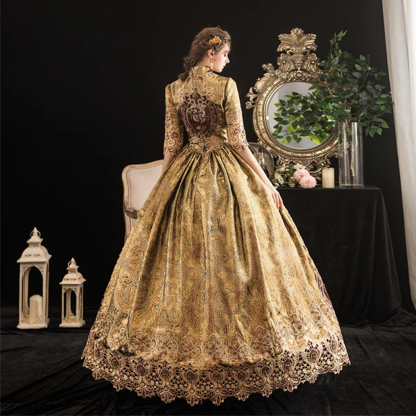 Vintage / Retro Medieval Gold Ball Gown Prom Dresses 2021 1/2 Sleeves High Neck Floor-Length / Long Zipper Up 3D Lace Printing Satin Cosplay Formal Dresses