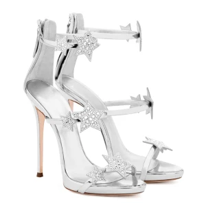 Moderne Mode Argenté 10 Cm 2018 Talons Hauts Étoile Fermeture Éclair Bride Cheville Perlage Faux Diamant Sandales Peep Toes Bout Ouvert Talons Aiguilles Soirée Salle