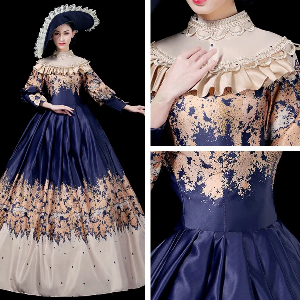 Vintage / Retro Medieval Navy Blue Ball Gown Prom Dresses 2021 Scoop Neck Long Sleeve Floor-Length / Long Lace Satin Printing Prom Formal Dresses