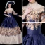 Vintage / Retro Medieval Navy Blue Ball Gown Prom Dresses 2021 Scoop Neck Long Sleeve Floor-Length / Long Lace Satin Printing Prom Formal Dresses