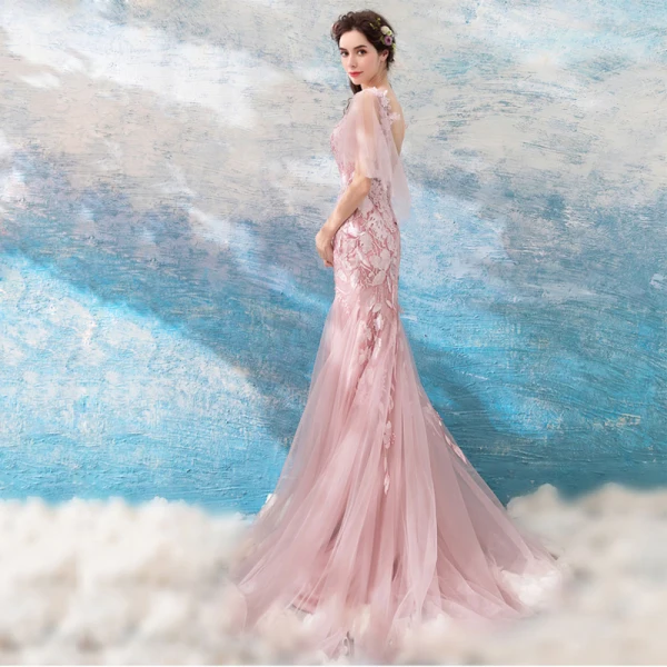 Modern / Fashion Blushing Pink 2018 Evening Dresses Summer V-Neck Tulle Lace Appliques Backless Floor-Length / Long Trumpet / Mermaid Evening Party Formal Dresses
