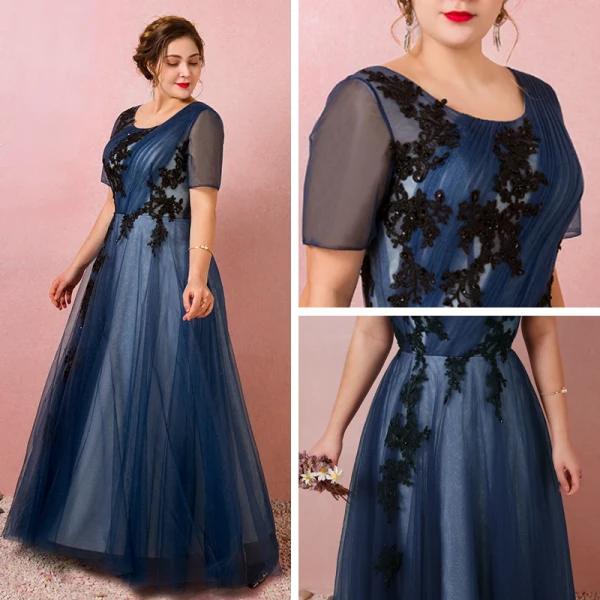 Classique Élégant Bleu Marine Grande Taille Robe De Soirée 2018 Princesse U-Cou Tulle Bretelles croisées Appliques Dos Nu Perlage Été Manches Courtes Soirée Robe De Ceremonie