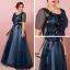 Classique Élégant Bleu Marine Grande Taille Robe De Soirée 2018 Princesse U-Cou Tulle Bretelles croisées Appliques Dos Nu Perlage Été Manches Courtes Soirée Robe De Ceremonie