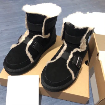 Mode Svarta Snow Boots 2020 Ull Läder Stövletter Mocka Vinter Platt Pande Zote Toe Casual Stövlar Dam
