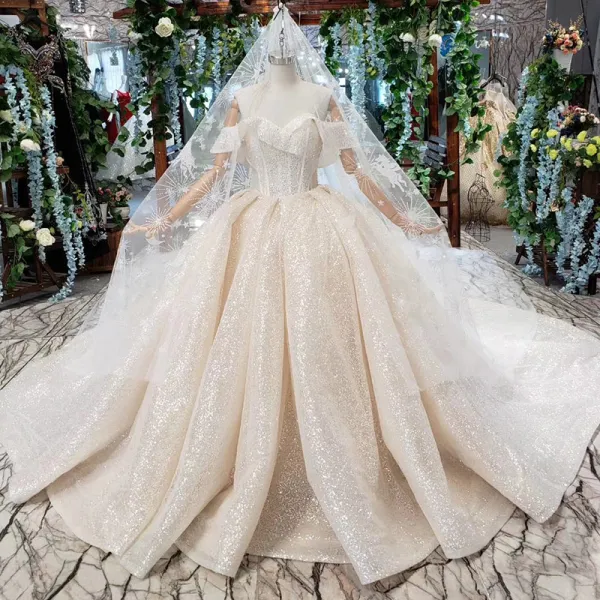 Sparkly Romantic Champagne Ball Gown Wedding Dresses 2020 Off-The-Shoulder Handmade  Beading Backless Crystal Sequins Cathedral Train Wedding
