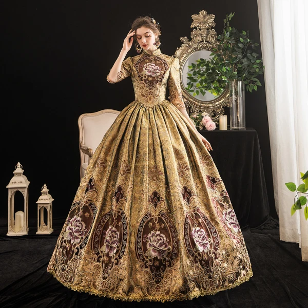 Vintage / Retro Medieval Gold Ball Gown Prom Dresses 2021 1/2 Sleeves High Neck Floor-Length / Long Zipper Up 3D Lace Printing Satin Cosplay Formal Dresses