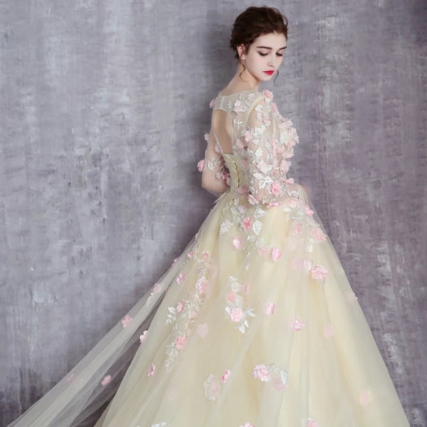 Flower Fairy Yellow Prom Dresses 2017 A-Line / Princess Scoop Neck Long Sleeve Appliques Flower Ruffle Tulle Royal Train Formal Dresses