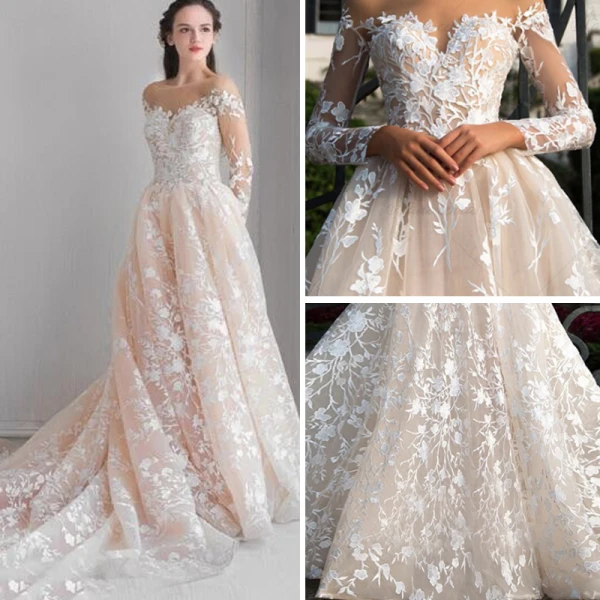 Étourdissant Plage Robe De Mariée 2017 Princesse Encolure Dégagée Manches Longues Fermeture éclair Champagne Percé Dentelle Chapel Train Dos Nu