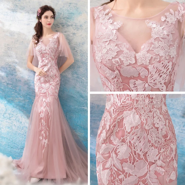 Modern / Fashion Blushing Pink 2018 Evening Dresses Summer V-Neck Tulle Lace Appliques Backless Floor-Length / Long Trumpet / Mermaid Evening Party Formal Dresses