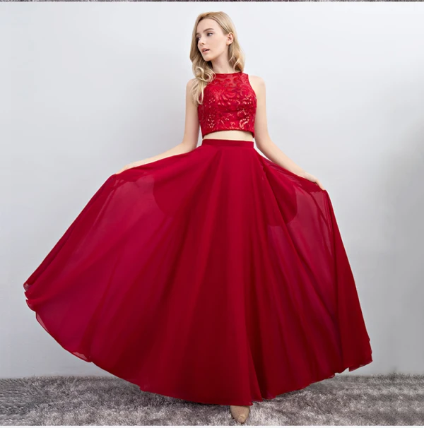 2 Pièces Bleu Marine Robe De Bal 2017 Princesse Encolure Dégagée Sans Manches Longue Volants Chiffon Robe De Ceremonie