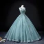 Chic / Beautiful Jade Green Beading Pearl Sequins Prom Dresses 2022 Ball Gown V-Neck Sleeveless Backless Floor-Length / Long Prom Formal Dresses