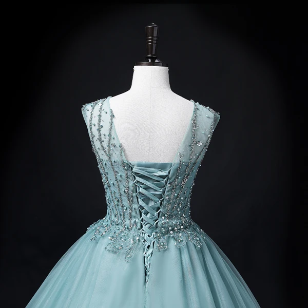 Chic / Beautiful Jade Green Beading Pearl Sequins Prom Dresses 2022 Ball Gown V-Neck Sleeveless Backless Floor-Length / Long Prom Formal Dresses