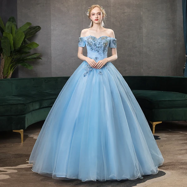 Chic / Beautiful Gold Prom Dresses 2020 Ball Gown Off-The-Shoulder Short Sleeve Appliques Lace Pearl Beading Floor-Length / Long Ruffle Backless Formal Dresses
