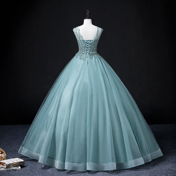 Chic / Beautiful Jade Green Beading Pearl Sequins Prom Dresses 2022 Ball Gown V-Neck Sleeveless Backless Floor-Length / Long Prom Formal Dresses