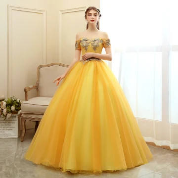 Chic Belle Doré Robe De Bal 2020 Robe Boule De L Épaule Manches Courtes Appliques En Dentelle Perle Perlage Longue Volants Dos Nu Robe De Ceremonie