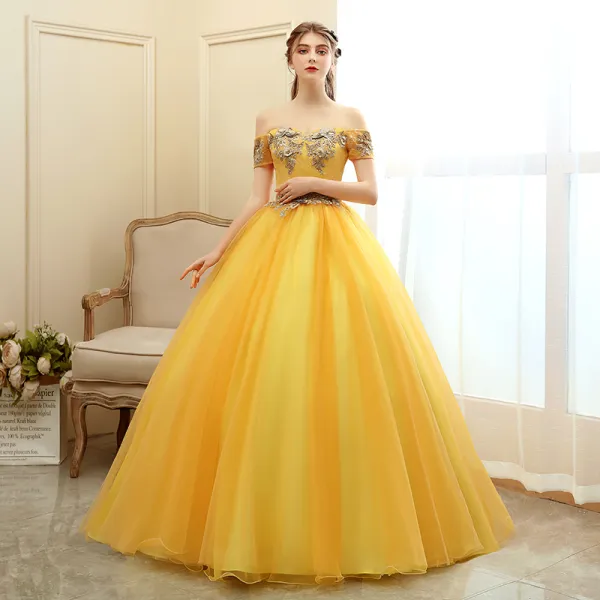 Elegant Gold Prom Dresses 2020 Ball Gown Off-The-Shoulder Short Sleeve  Appliques Lace Glitter Tulle Floor-Length / Long Ruffle Backless Formal  Dresses