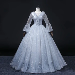 Bling Bling Bleu Ciel Étoile Paillettes Robe De Bal 2022 Robe Boule Encolure Dégagée Manches De Cloche Dos Nu Longue Robe De Ceremonie