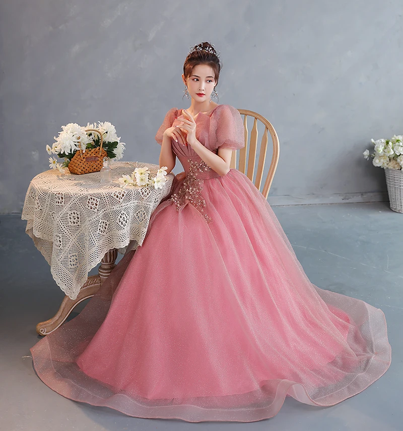 Chic Beautiful Candy Pink Prom Dresses 2022 A Line Princess Square Neckline Short Sleeve Backless Beading Sequins Floor Length Long Formal Dresses Chic Beautiful Candy Pink Prom Dresses 2022 A Line Princess Square Neckline Short Sleeve Backless Beading Sequins Floor Length Long Formal Dresses