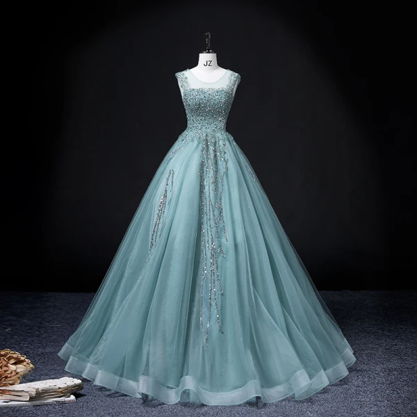 Chic / Beautiful Jade Green Beading Pearl Sequins Prom Dresses 2022 Ball Gown V-Neck Sleeveless Backless Floor-Length / Long Prom Formal Dresses