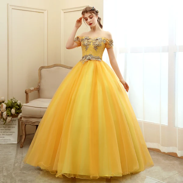 Chic / Beautiful Gold Prom Dresses 2020 Ball Gown Off-The-Shoulder Short Sleeve Appliques Lace Pearl Beading Floor-Length / Long Ruffle Backless Formal Dresses